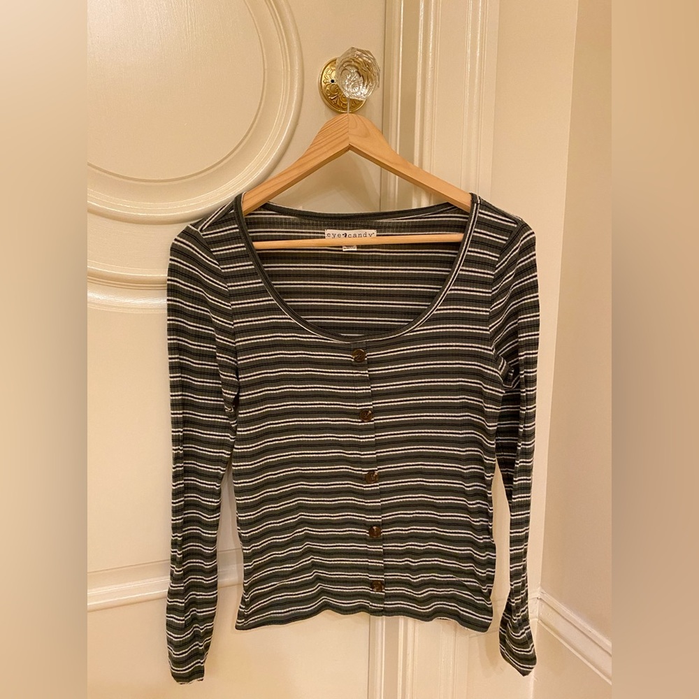 Eye Candy Green Striped Long Sleeve Buttoned Top